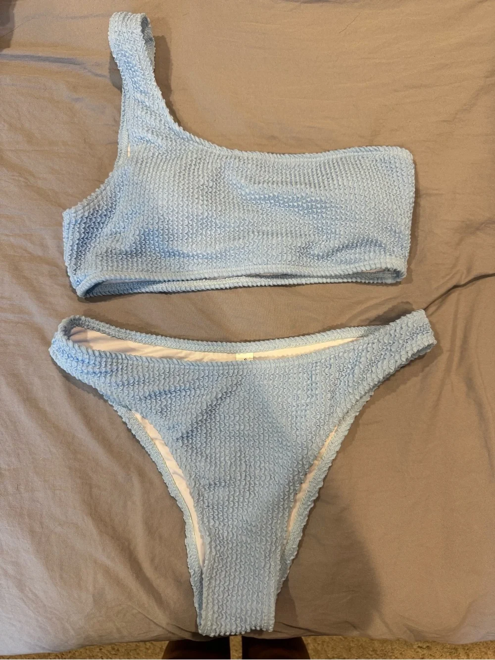 Amazon Light Blue One-Shoulder Textured Bikini Set